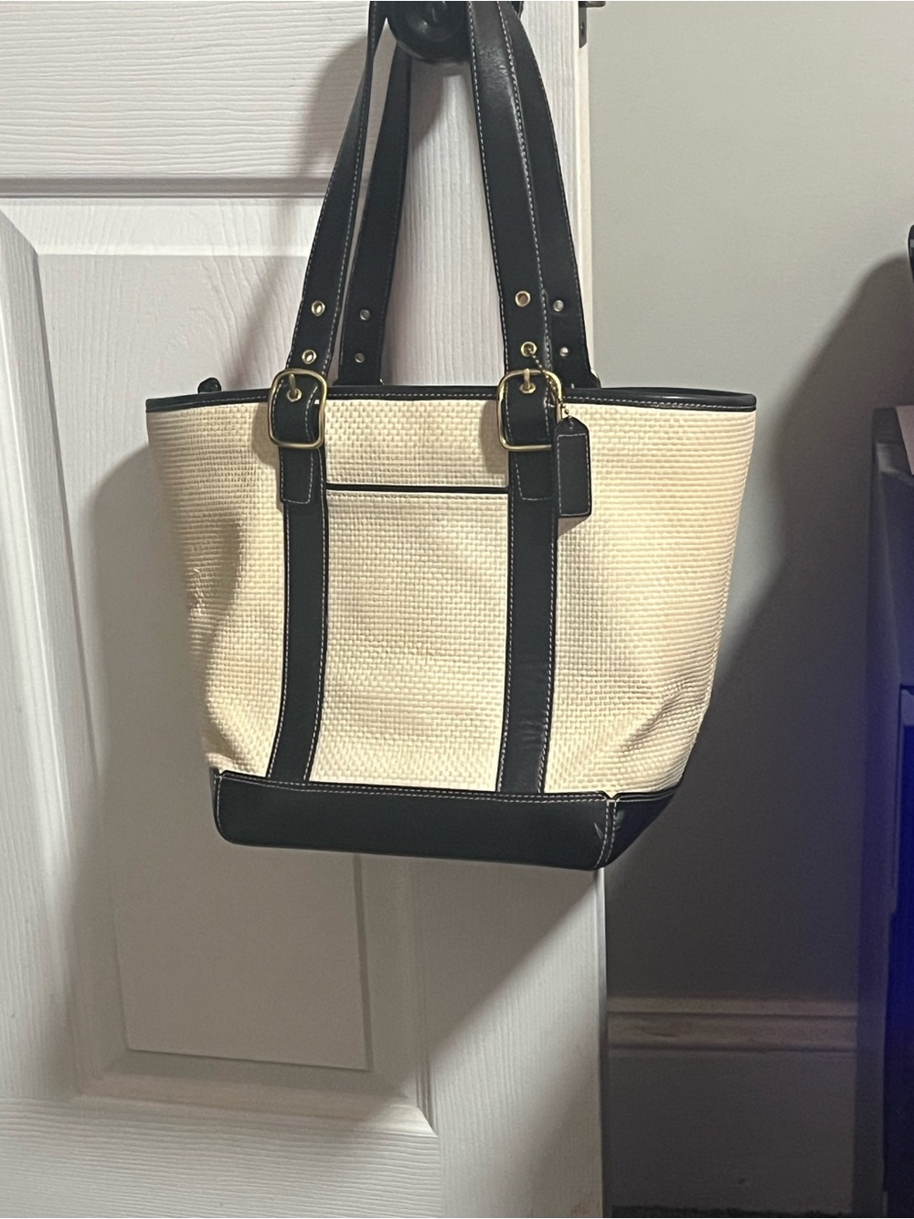 Coach Beige and Black Straw Tote